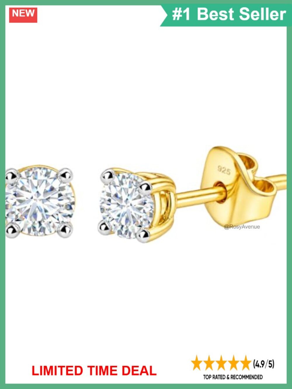 Lab Grown Diamond Stud Earrings 925 Sterling Silver 18K Yellow Gold Plated